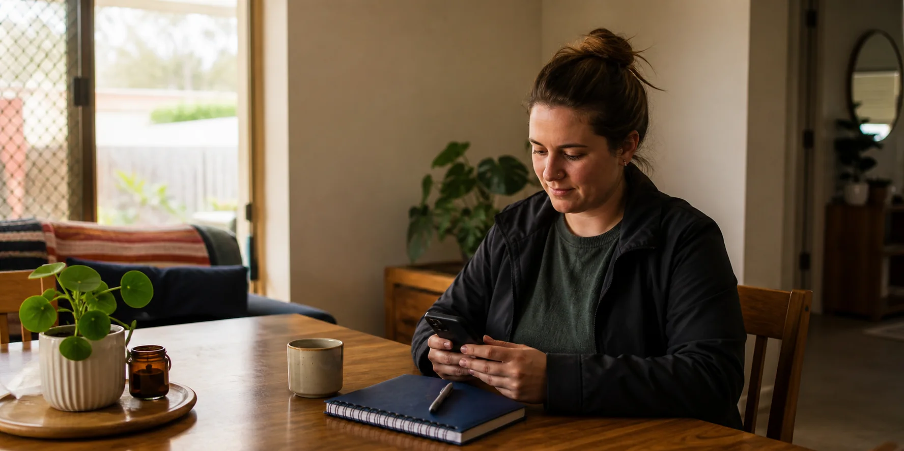 An independent support worker finishing a shift record on a phone at home