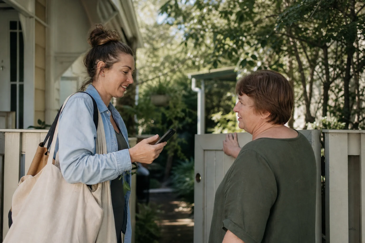 A support worker arriving at a participant's front gate with a phone in hand