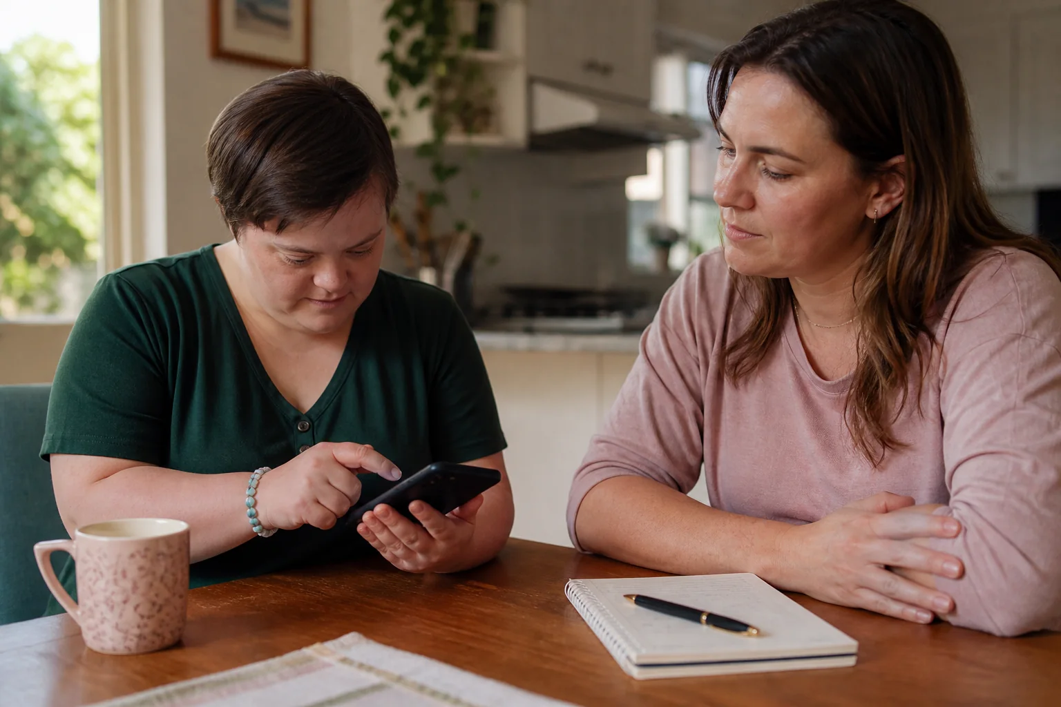 An adult participant confirming a session on a phone at a kitchen table
