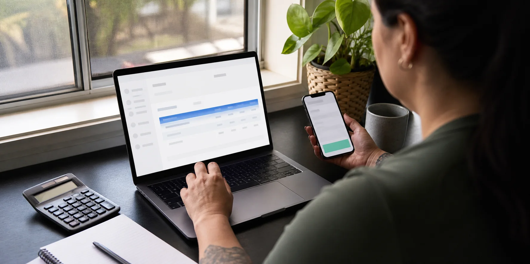 An independent provider comparing an invoice on a laptop with a shift record on a phone