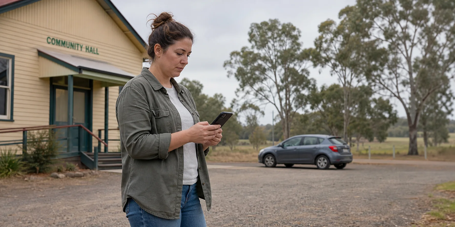 An independent NDIS provider recording travel details on a phone beside a parked car at a community hall