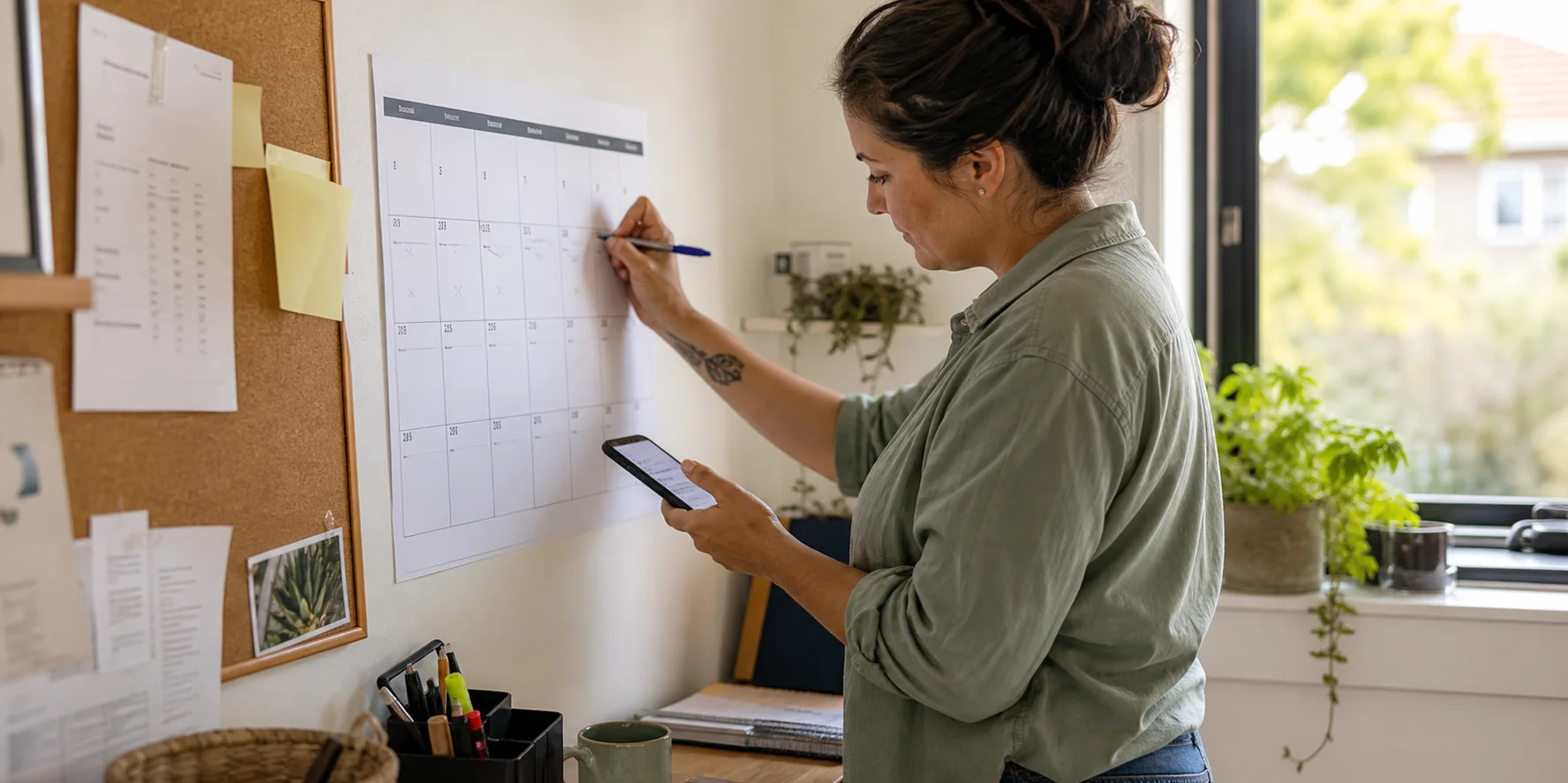 A support worker planning regular sessions on a wall calendar