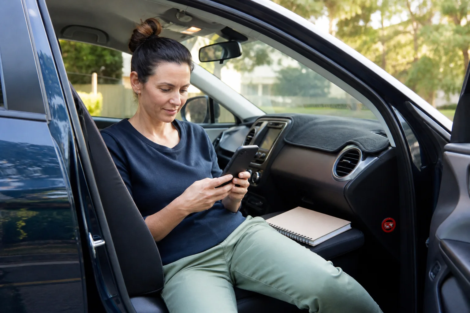 An independent support worker reviewing a record on a phone in a safely parked car